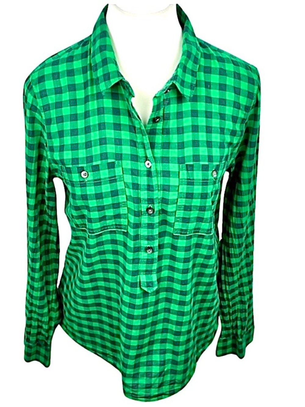Madewell Mini Market Check Plaid Popover Shirt Green Black Size M Blouse